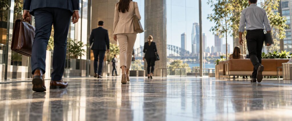 allied health waiver thresholds - professionals from several fields walking through a city office lobby