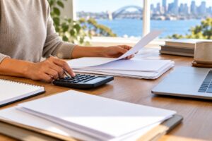 Borrowing Capacity Factors Explained - a desk with payslips, bank statements and a calculator