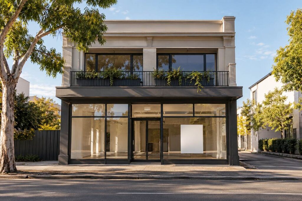 Commercial Property Finance Guide for Sydney Buyers - a two storey commercial premises with a lease sign in the window