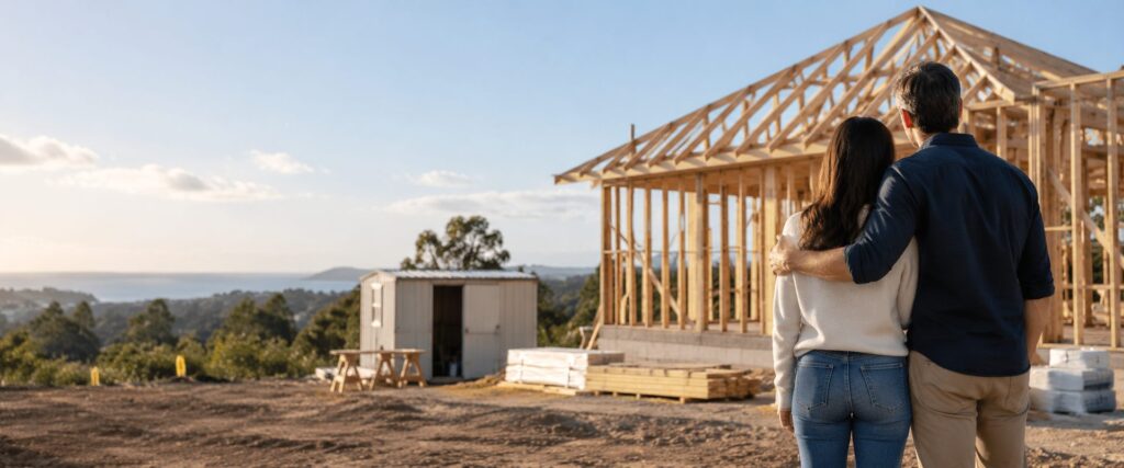 construction draw schedule nsw - a residential building site with timber frame and a site shed