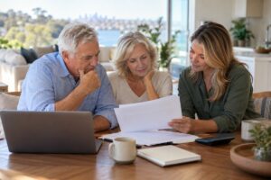 Family Guarantee Guide for Sydney Parents - an older couple and their adult child reading documents together