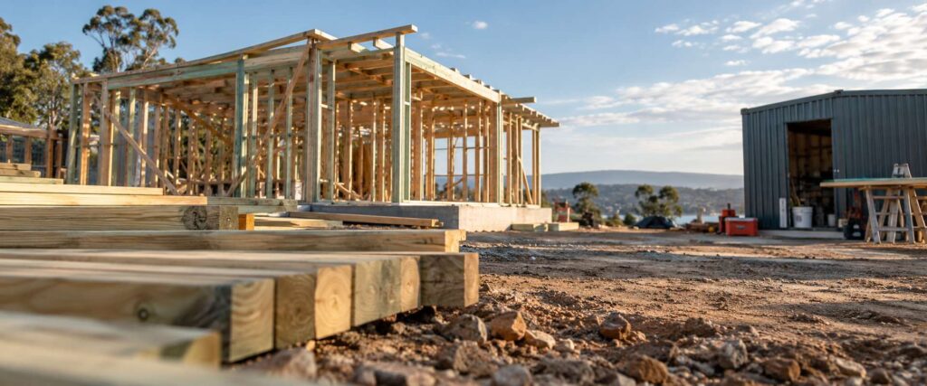 fixed price building contract nsw - a residential building site with timber frame and a site shed