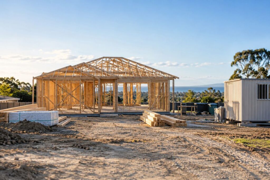 Guide to Building a Home in Sydney - a residential building site with timber frame and a site shed