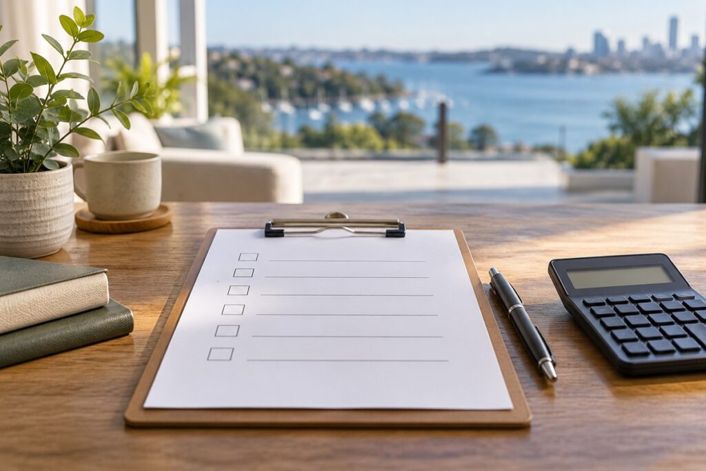 Home Loan Documents Checklist Sydney - a printed checklist on a clipboard beside a pen and calculator