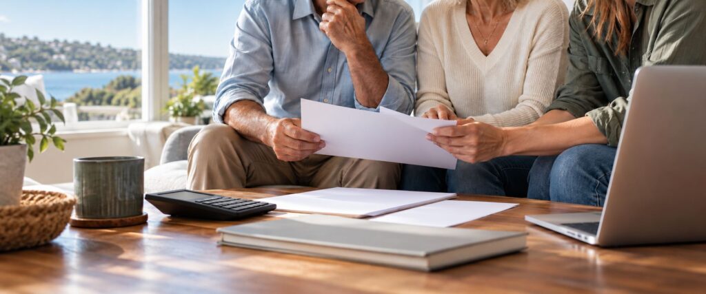 how to release a guarantor - an older couple and their adult child reading documents together