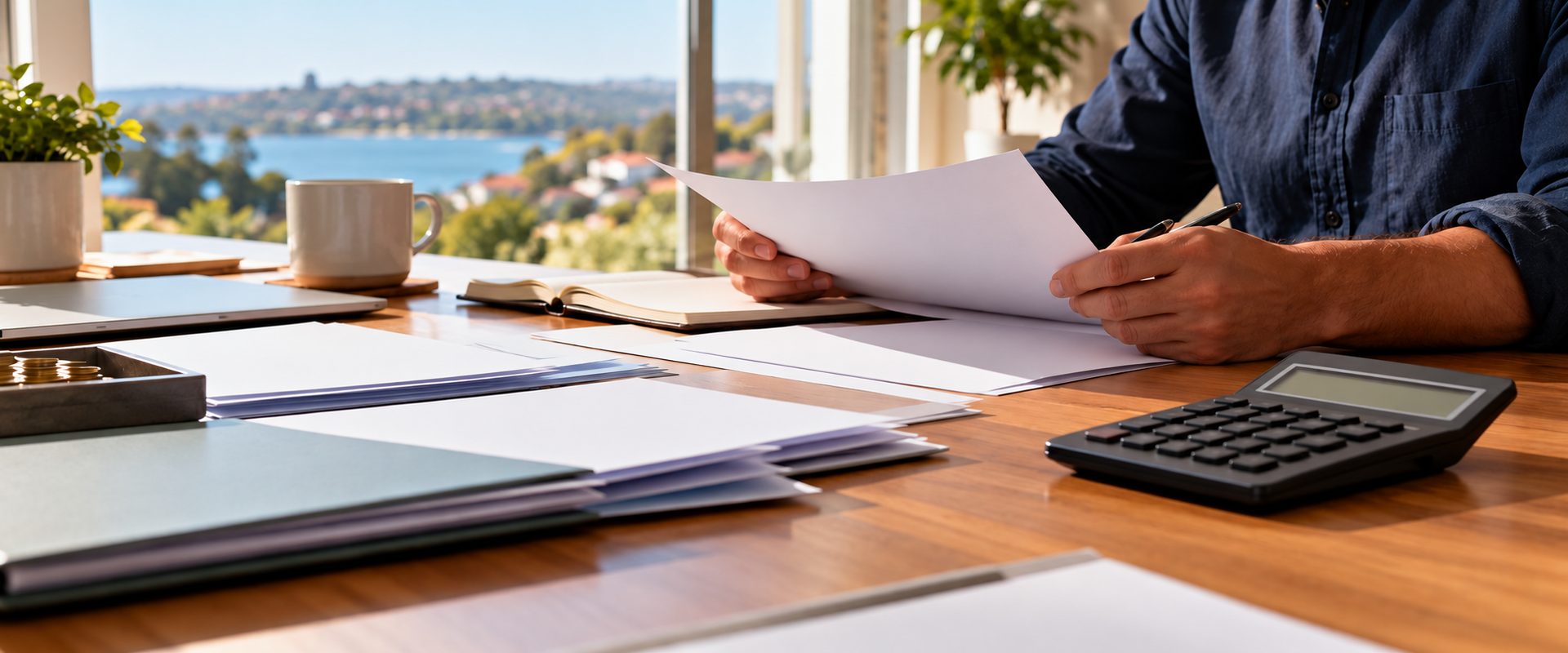 income and liability weighting - a desk with payslips, bank statements and a calculator