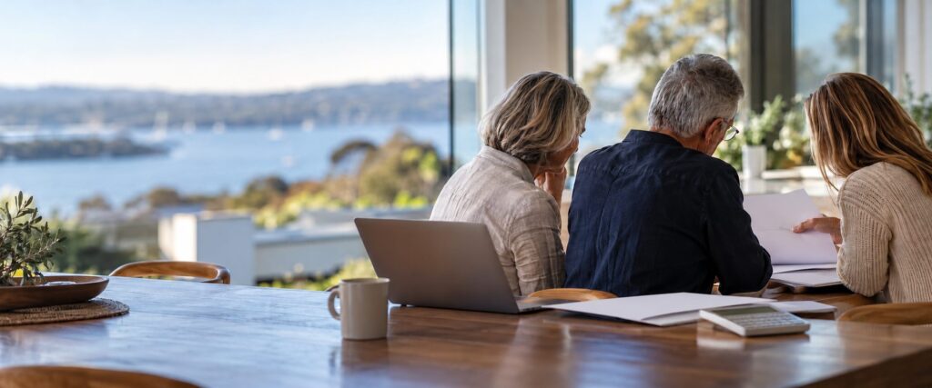 limited guarantee cap explained - an older couple and their adult child reading documents together