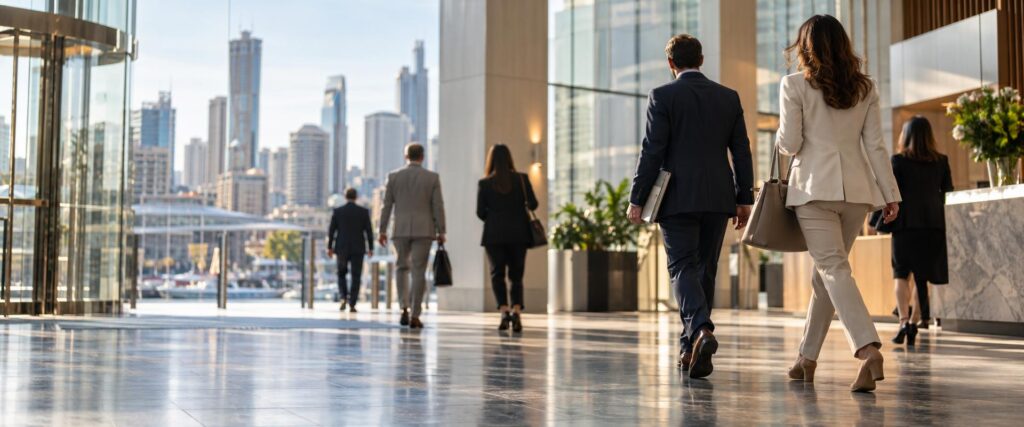 medico waiver criteria australia - professionals from several fields walking through a city office lobby