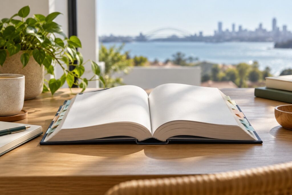 Mortgage Glossary for Australian Borrowers - an open reference book with tabbed pages on a desk