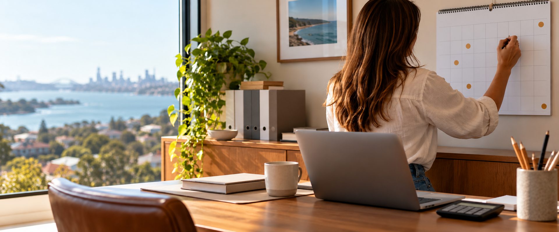 mortgage process stages australia - a wall calendar with milestone dates marked in a home office