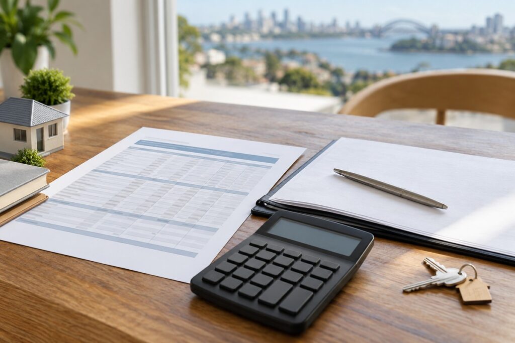 NSW Stamp Duty Rates Table - a printed rates table beside a calculator and property contract
