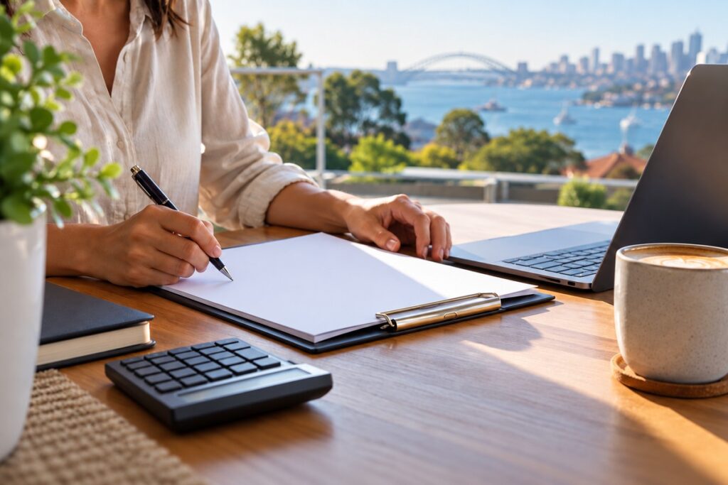 Refinancing Cost Checklist - a fee breakdown sheet beside a laptop and coffee cup