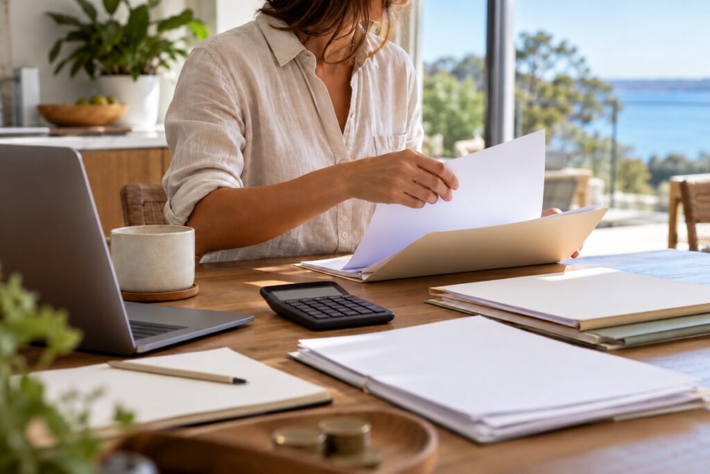 Self Employed Home Loan Documentation Guide - a sole trader sorting invoices and BAS paperwork into folders